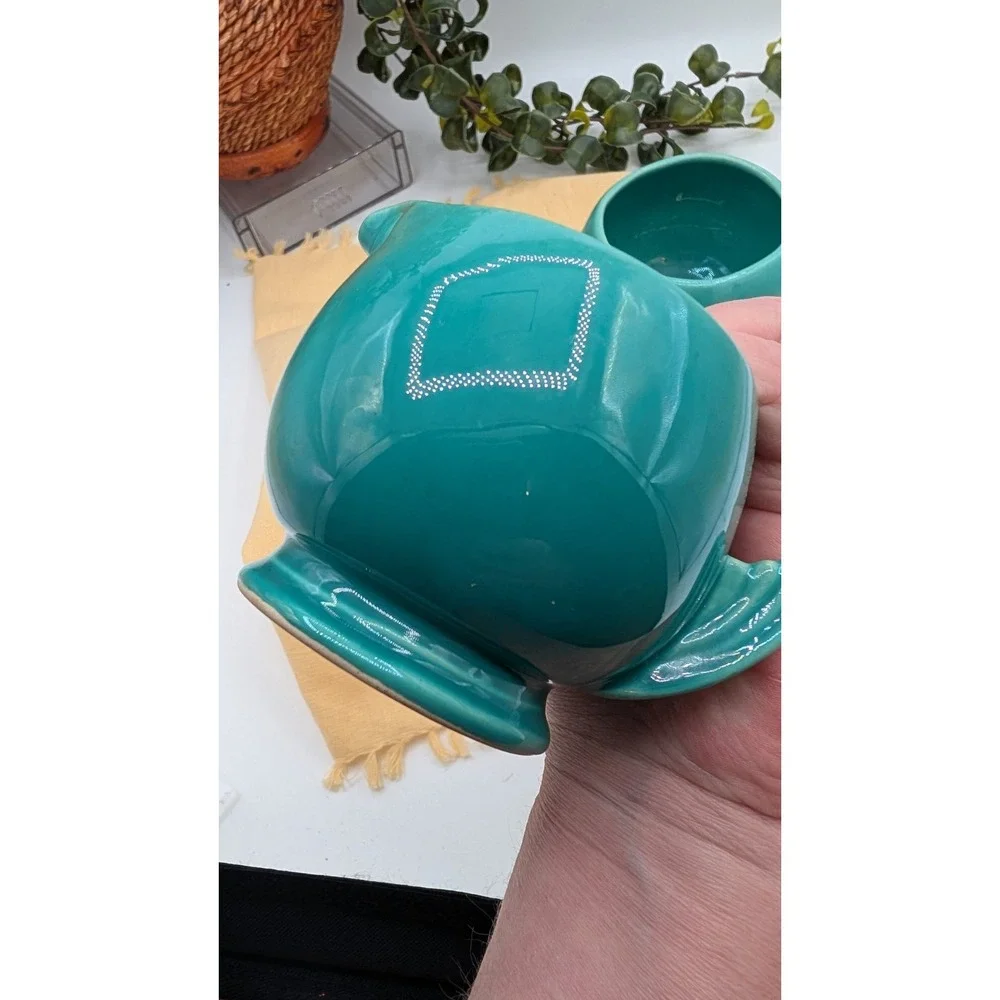 Vintage Art Deco Teal Ceramic Creamer & Sugar Bowl - Wing Handles & Retro Glaze